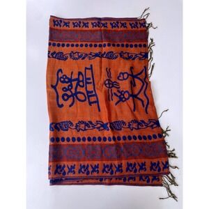 Bohemian Western Pashmina Scarf Orange Blue Fringe Aztec Wrap Shawl A+ Condition